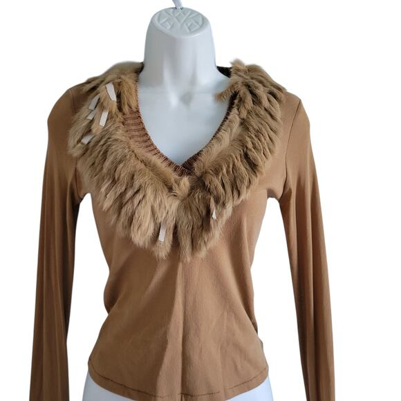 French Y2K Glam genuine Mongolian Fur Ribbed Knit Cardigan XS Heritage Old Money - Picture 7 of 13